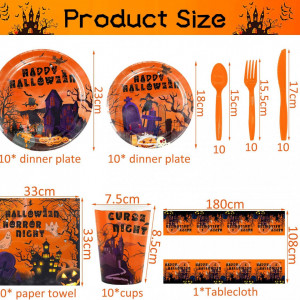 Set de tacamuri pentru petrecere Halloween Miotlsy, carton/polietilena, portocaliu, 81 piese, 10 persoane - Img 5