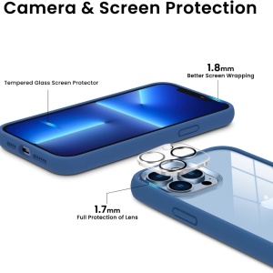 Set husa, 2 folii pentru camera, 1 folie spate si 2 pentru ecran compatibile cu iPhone 13 Pro Max Ornarto, silicon/sticla securizata, albastru inchis/transparent, 6,7 inchi