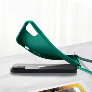Set husa cu snur si 2 folii de protectie pentru iPhone 13 Pro Gumo-Long, poliester/TPU, verde inchis/transparent, 6,1 inchi