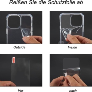 et husa cu snur si 2 folii de protectie pentru iPhone 13 Pro Gumo-Long, poliester/TPU/sticla, gri/transparent, 6,1 inchi