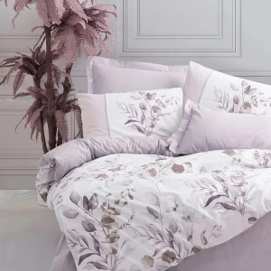 Set husa pilota + fata de perna, bumbac ranforce 100%, 135x200 cm + 80x80 cm, alb/violet - Verificat A · Re-Bloom