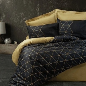 Set husa pilota + fata de perna, bumbac ranforce 100%, 135x200 cm + 80x80 cm, negru/auriu - Verificat A · Re-Bloom
