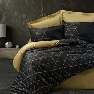 Set husa pilota + fata de perna, bumbac ranforce 100%, 135x200 cm + 80x80 cm, negru/auriu - Verificat A · Re-Bloom