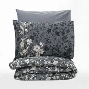Set husa pilota + fata de perna, bumbac ranforce 100%, 155x220 cm + 80x80 cm, imprimeu pigmentat, nasturi/plic, antracit - Verificat A · Re-Bloom