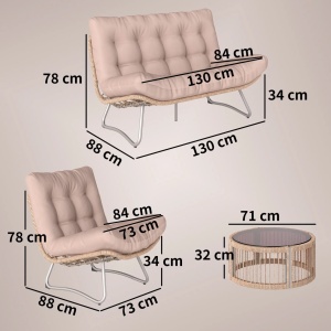 Set mobilier gradina 4 piese, PE-rattan/metal/sticla/poliester, canapea 130x88x78cm + 2 fotolii 73x88x78cm + masa Ø71x32cm, perne 12cm grosime, canapea 240kg/fotoliu 120kg/masa 50kg, lemn natural/maro - Verificat A · Re-Bloom - Img 3