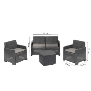 Set mobilier gradina/terasa, Progarden, COMO, 4 piese, polipropilena, antracit, canapea 2 locuri 129x66x74 cm, 2 scaune 72x66x74 cm, masa 53x53x40 cm, cu perne incluse, Resigilat, Grad A - Img 2