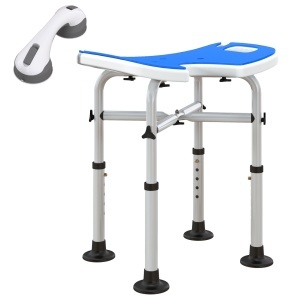 Set scaun de dus reglabil Re-Bloom, pentru varstnici/persoane cu dizabilitati si un maner cu ventuza, aluminiu/HDPE/EVA, gri/albastru inchis/argintiu, 48,5 x 33 x 39-51,5 cm, Resigilat, Grad A