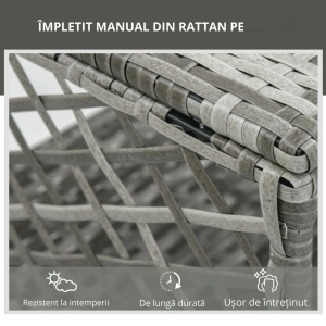 Set sezlong rattan PE cu masuta de cafea, otel/rattan PE/poliester, sezlong 74x192x31-88cm + masuta 45x45x42cm, spatar 5 niveluri, 2 roti, blat sticla calita, perna cu husa lavabila, capacitate 160kg, gri/crem - Verificat A · Re-Bloom - Img 6