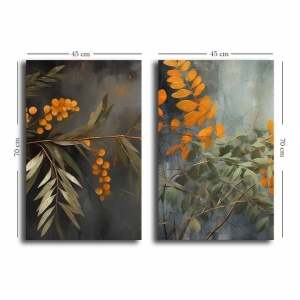 Set tablou decorativ Re-Bloom, 2 piese, model floral, lemn/panza, verde/albastru/portocaliu, 45 x 70 cm - Img 3