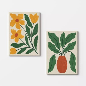 Set tablou decorativ Re-Bloom, 2 piese, model floral, panza/lemn, multicolor, 50 x 70 cm