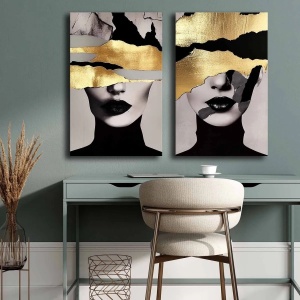 Set tablou decorativ Re-Bloom, 2 piese, panza/lemn, negru/gri/auriu, 45 x 70 cm