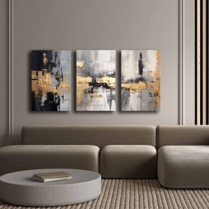 Set tablou decorativ Re-Bloom, 3 piese, lemn masiv/panza, gri/auriu/negru, 145 x 70 cm - Img 4