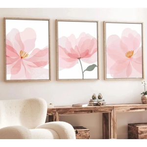Set tablou decorativ Re-Bloom, 3 piese, model floral, lemn masiv/MDF, alb/roz/verde, 30 x 40 cm