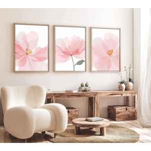 Set tablou decorativ Re-Bloom, 3 piese, model floral, lemn masiv/MDF, alb/roz/verde, 30 x 40 cm - Img 2