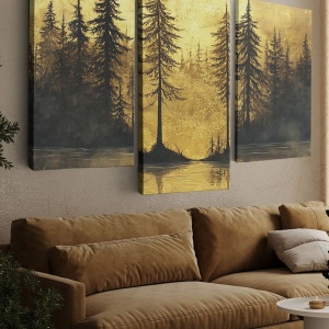 Set tablou decorativ Re-Bloom, 3 piese, model padure, panza/lemn, auriu/negru, 140 cm