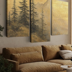 Set tablou decorativ Re-Bloom, 3 piese, model padure, panza/lemn, negru/auriu, 40 x 60 x 3 cm