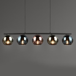 Sheldon lustra pendul 5 lumini E14, 83x150 cm, fier vopsit negru mat, globuri sticla fumurie, inaltime reglabila, 230V - Verificat A · Re-Bloom - Img 2