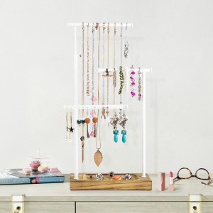 Stand cu 3 bare pentru organizarea colierelor/ bratarilor SRIWATANA, lemn/metal, alb/natur,  21 x 10,1 x  35,5 cm
