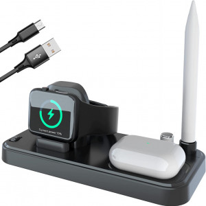 Statie de incarcare wireless 3-în-1 pentru Apple Watch Airpods Pencil AiteFeir, USB ,negru, 10 X 6,6 X 7,8 cm