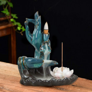 Suport aromaterapie Lotus, ceramică, realizat manual, cu 120 conuri de tămâie + 30 bețișoare de tămâie, albastru
