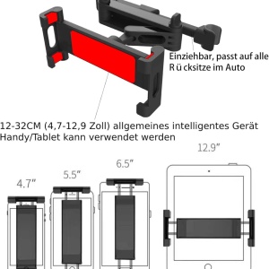 Suport auto pentru tableta Biuufish, reglabil, plastic, negru/rosu, 4,7-12,9 inchi