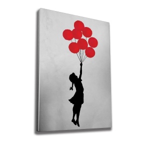 Tablou decorativ canvas Banksy model fata cu baloane, 50x70x3 cm, 50% bumbac/50% poliester, imprimare digitala, rama lemn 2x3 cm, gri/negru/rosu - Verificat A · Re-Bloom