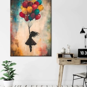 Tablou decorativ canvas model fetita cu baloane, 70x100 cm, panza/lemn, multicolor - Verificat A · Re-Bloom - Img 2