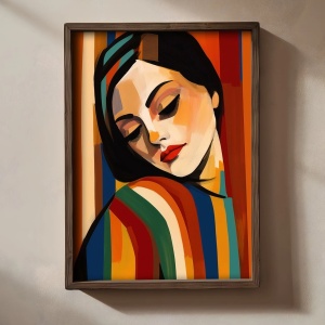 Tablou decorativ model femeie, MDF/lemn masiv, 35x47x2 cm, design artistic modern, multicolor - Verificat A · Re-Bloom - Img 2