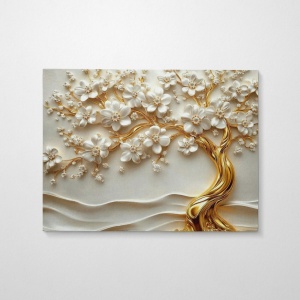 Tablou decorativ Re-Bloom, model copac, panza/lemn, alb/auriu, 70 x 100 x 3 cm