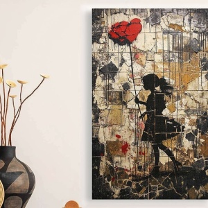 Tablou decorativ Re-Bloom, model Femeie cu un trandafir gigant, panza/lemn, multicolor, 60 x 90 cm - Img 4