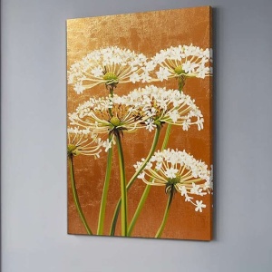 Tablou decorativ Re-Bloom, model floral, panza/lemn, auriu/alb/verde, 70 x 100 cm - Img 4