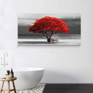 Tablou modern Hyidecorart, copac, gri/rosu, panza/lemn, 100 x 50 cm - Img 5