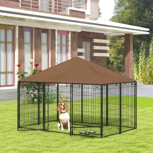 Tarc pentru caini, otel/material Oxford, 211x141x151 cm, suprafata 2.8m², usa 62x95cm, 2 boluri inox Ø18x5.5cm incluse, negru/maro - Verificat A · Re-Bloom - Img 2