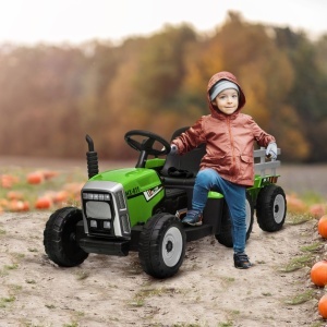 Tractor electric pentru copii cu remorca detasabila, PP/metal, 136.5x50x52.5 cm, baterie 12V 4.5Ah, viteza 3-6km/h, telecomanda 15m, autonomie 45min, capacitate 30kg, certificat EN71/EN62115, varsta 3-6 ani, verde/gri/negru - Verificat A · Re-Bloom - Img 2