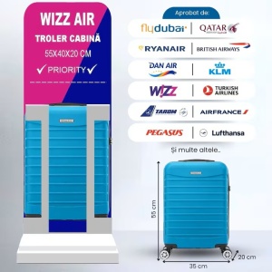 Troler cabina avion, Model Line, 4 roti duble cu rotatie 360°, maner telescopic, cifru, 55 x 36 x 20 cm, ABS, turcoaz, Resigilat, Grad A - Img 2