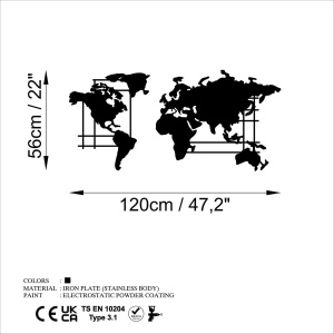 Wallxpert decor de perete din metal, model World Map, 120x56 cm, grosime 1.5mm, 2.23 kg, design modern, negru - Verificat A · Re-Bloom - Img 2