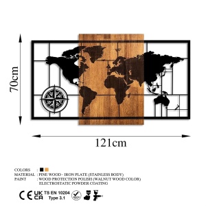 Wallxpert decor de perete model World Map 121x70 cm, lemn 3cm si metal 1.5mm, nuc si negru - Verificat A · Re-Bloom - Img 5