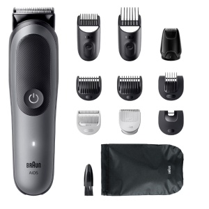 Aparat de tuns multifunctional Braun All-in-One Seria 5 AIO5560, 11-in-1, Lama ultra ascutita, 7 Piepteni, 1 Mini Cap de ras, 1 Cap tuns SkinGuard, 1 Perie de curatare, 1 Saculet, AquaGrip pentru control sub dus, Resigilat, Grad A