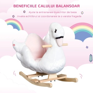 Balansoar pentru copii design Lebada cu muzica, plus/lemn/metal, 60x32x55 cm, inaltime sezut 26cm, capacitate 30kg, varsta 18 luni+, 2 baterii LR44 incluse, roz/alb - Verificat A · Re-Bloom - Img 5