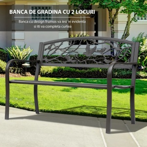 Banca de exterior din otel si fonta cu spatar decorativ, 127x60x85 cm, sezut 120.65x40.64cm/inaltime 40.5cm, spatar 118.74x33cm, cotiere 62cm, capacitate 240kg, maro - Verificat A · Re-Bloom - Img 4
