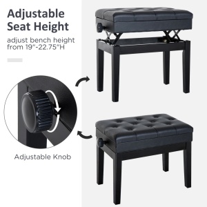 Bancuta pentru pian cu compartiment depozitare, lemn masiv/piele PU/spuma, 54.5x33x48-58 cm, inaltime reglabila, compartiment 50x29x4 cm, captuseala 3.5cm, capacitate 200kg, negru - Verificat A · Re-Bloom - Img 6