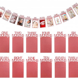 Banner cu rame foto pentru poze cu bebelusi 1-12 luni Jinlaiyun, hartie, roz, 12,5 x 21,5 cm - Img 1
