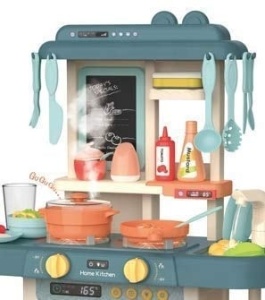 Bucatarie copii, Rovo 187, aragaz de jucarie, chiuveta cu circuit de apa, aragaz aburi, sunete, lumini, frigider, fructe, legume, multiple accesorii, 42 de piese - Img 5