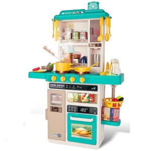 Bucatarie copii, Rovo 277, aragaz de jucarie, chiuveta cu circuit de apa, aragaz aburi, sunete, lumini, frigider, cuptor, fructe, legume, multiple accesorii, 50 de piese