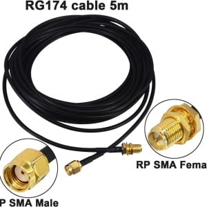 Cablu coaxial pentru antena WiFi Kaunostosta, RG174 RP-SMA la RP-SMA, metal/PVC, negru/auriu, 5 m