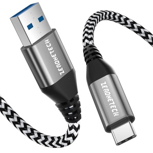 Cablu de date USB A la USB C 3.1 ZeroneTeck, nailon/metal, alb/negru, 3 m