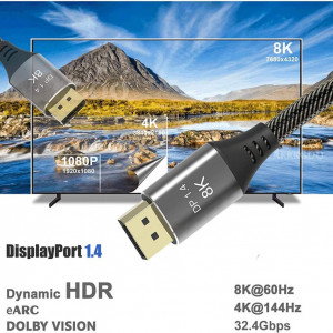 Cablu DisplayPort 1.4 Ultra HD AKKGOO, cupru/nailon, gri/negru/auriu, 2 m
