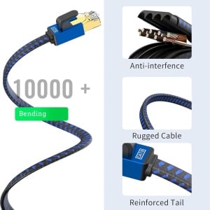 Cablu plat Ethernet Cat8 RJ45 SSTP Lekvkm, nailon/metal, albastru/negru, 10 m