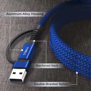 Cablu USB C la USB C cu adaptor USB A Basesailor, aluminiu/nailon, albastru/negru, 2 m, 100 W - Img 7