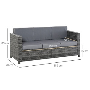 Canapea de exterior 3 locuri, ratan PE/metal/poliester, 185x70x80 cm, sezut 165x60cm/inaltime 35cm, perne sezut 10cm + spatar 8cm cu huse detasabile, capacitate 180kg/loc, gri - Verificat A · Re-Bloom - Img 3